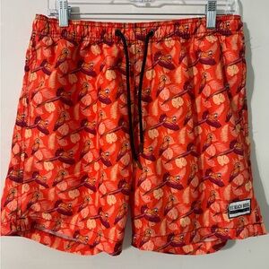 Beach Bros Red Orange parrot tropical Swim Trunks Elastic Waistband lined large